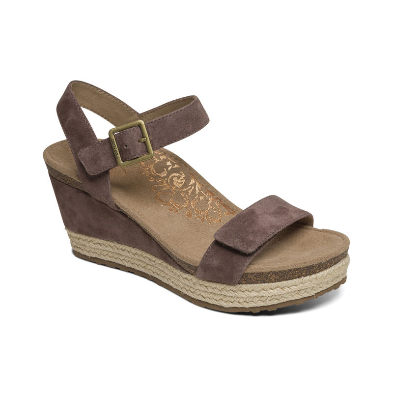 Aetrex Womens Sydney Quarter Strap Espadrille Wedges Deep Taupe - QWRl5b5ys